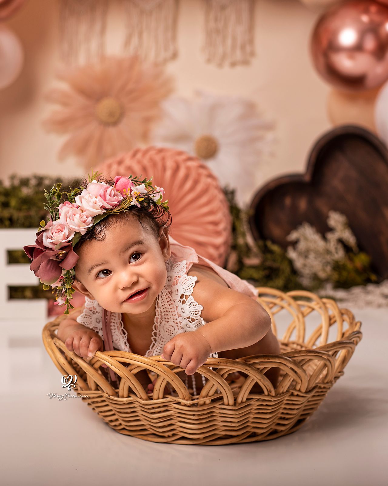 Boho Cake Smash photoshoot; Lexington, SC photographer; rose gold, neutrals boho birthday photos