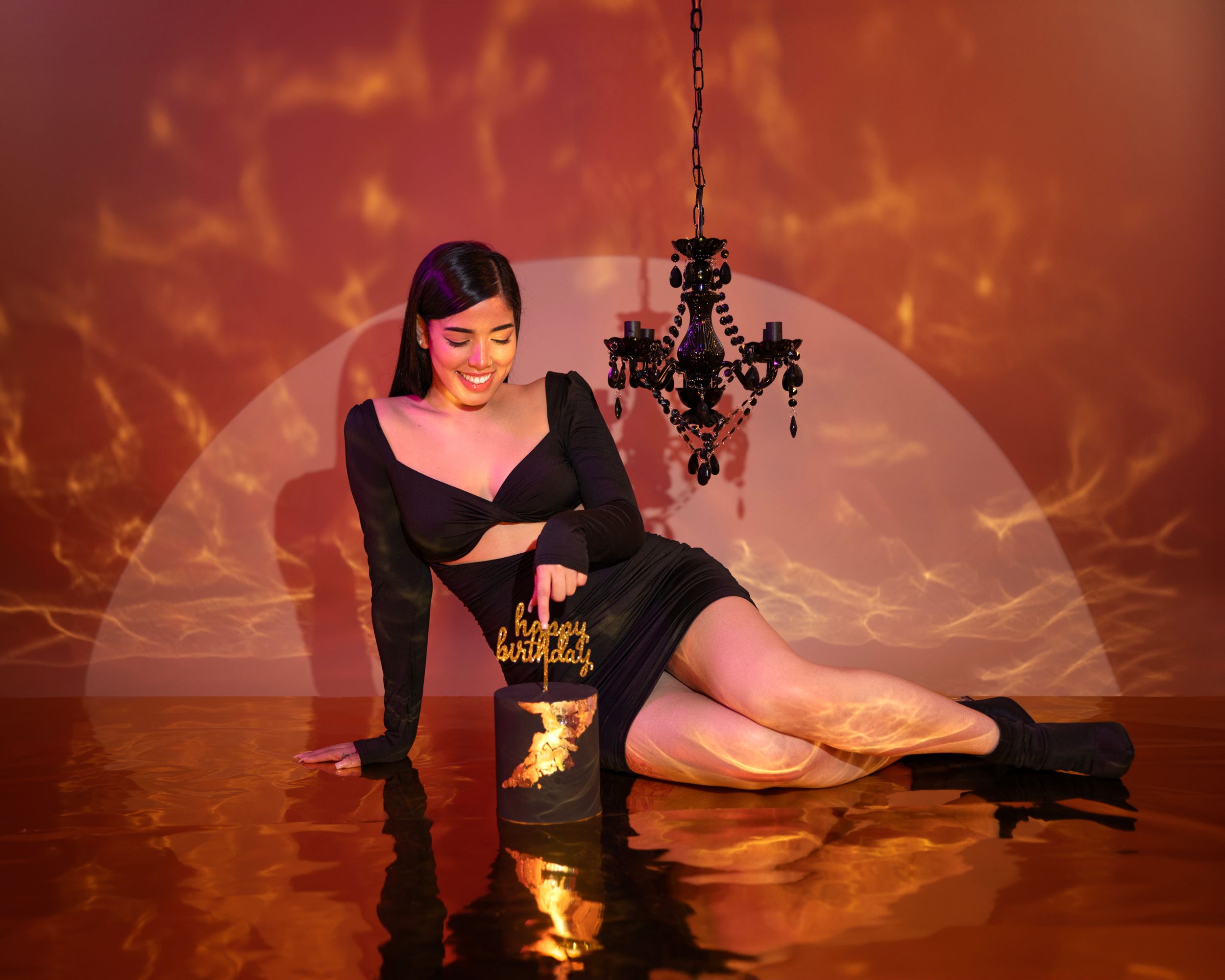 Retro-styled portrait with chandelier and fire effects in warm orange tones.