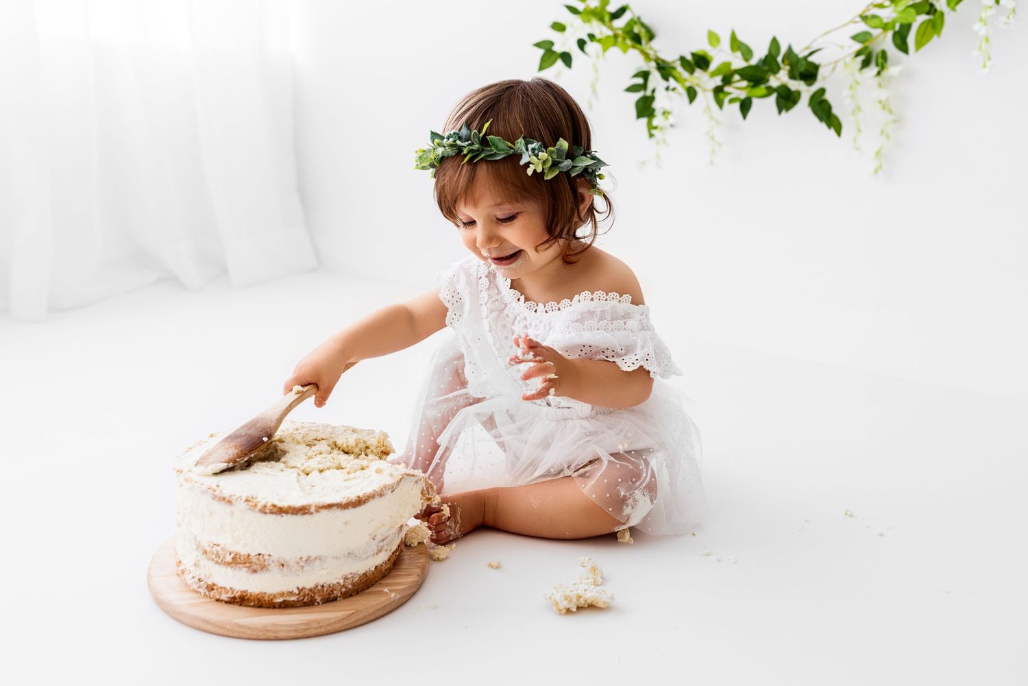 baby girl cake smash idea all white photoshoot Hereford