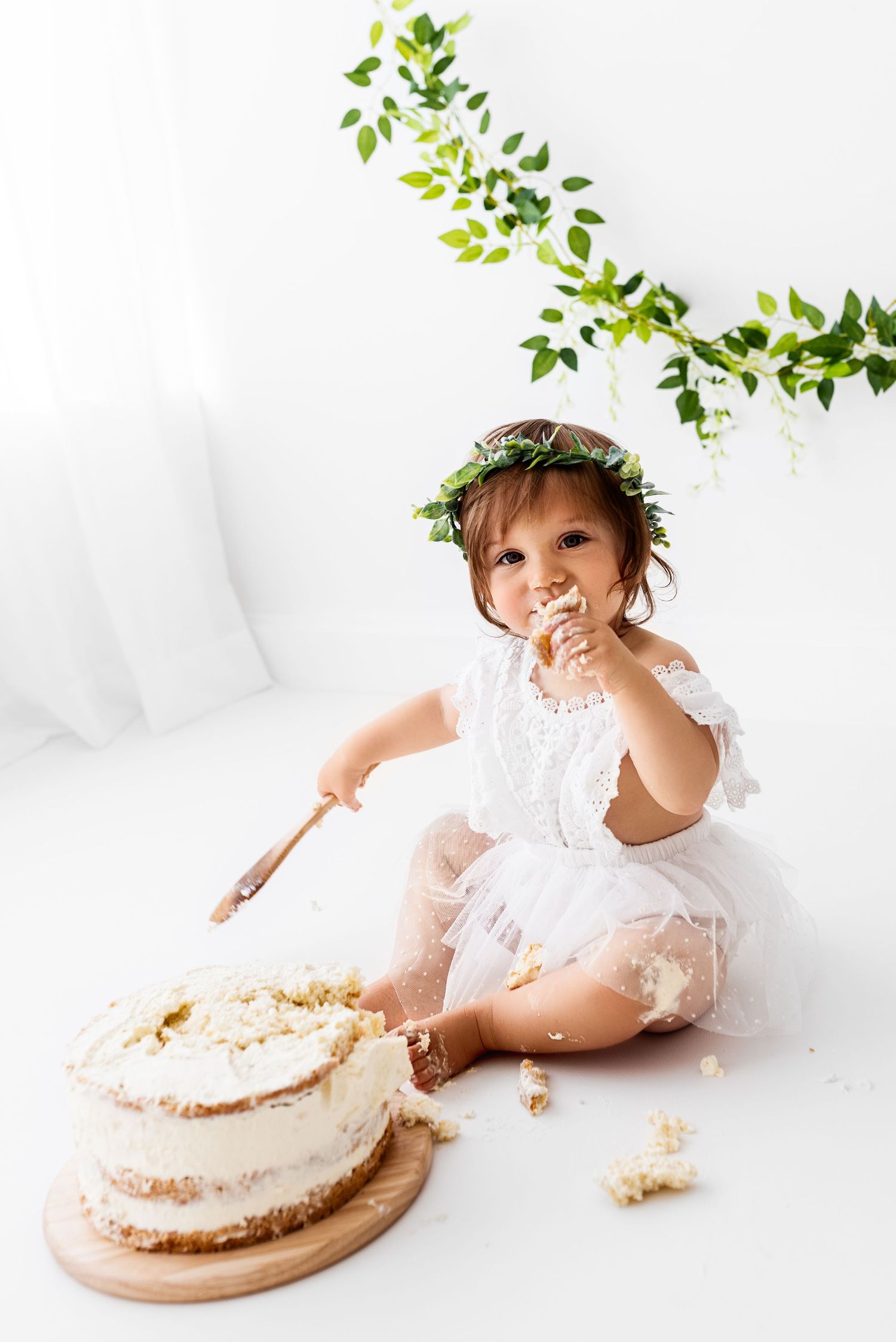 baby girl cake smash idea all white photoshoot Hereford