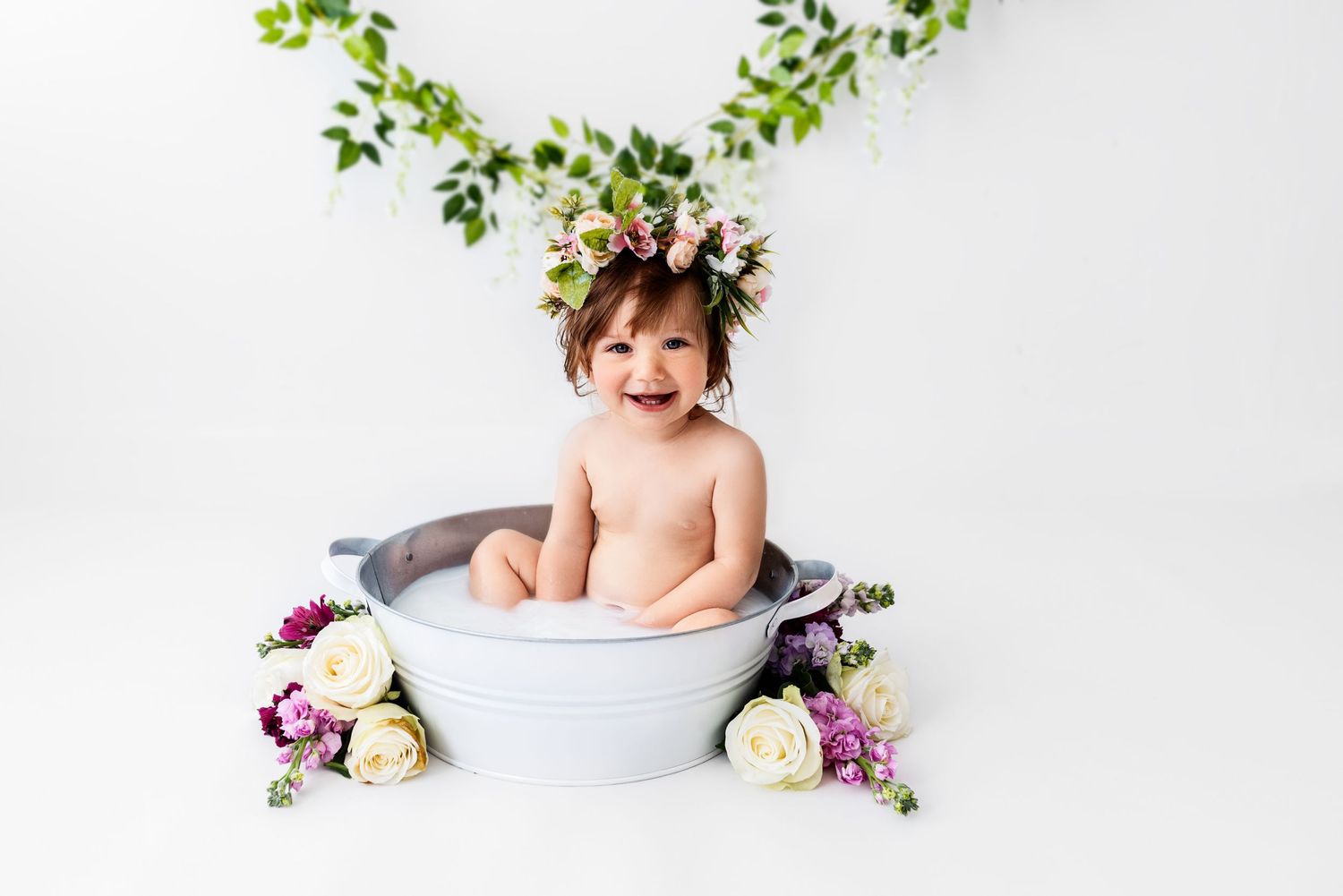 baby girl milk bath photoshoot all white studio Hereford