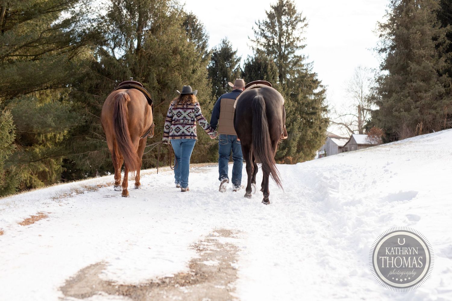 Two horses and their companions walk down a snowy path surrounded by evergreen trees.
