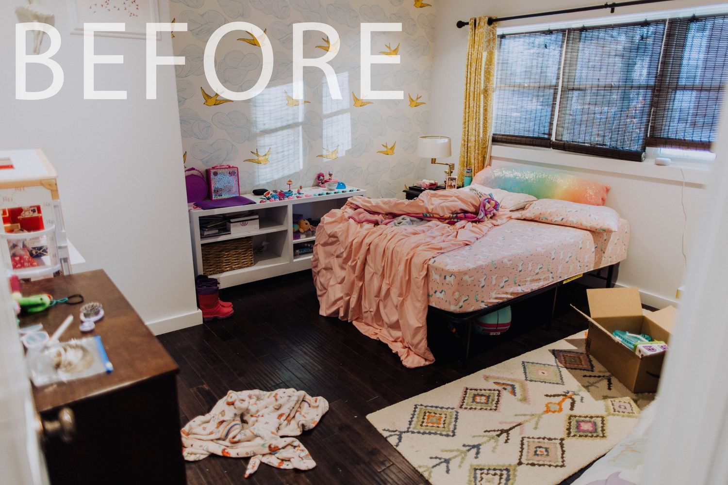 Before photo shows a cluttered bedroom with scattered items and disorganized storage.