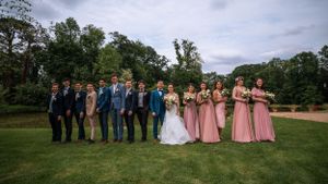 Formal wedding party lineup with bridesmaids in pink dresses on a scenic lawn.