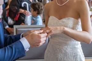 Elegant white wedding dress details with lace and beading shown in sequence.