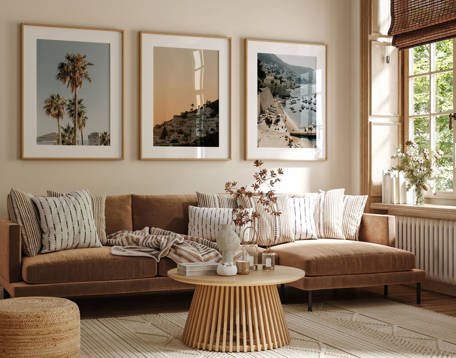 Modern living room featuring palm tree photography, brown sectional sofa, and rattan coffee table.