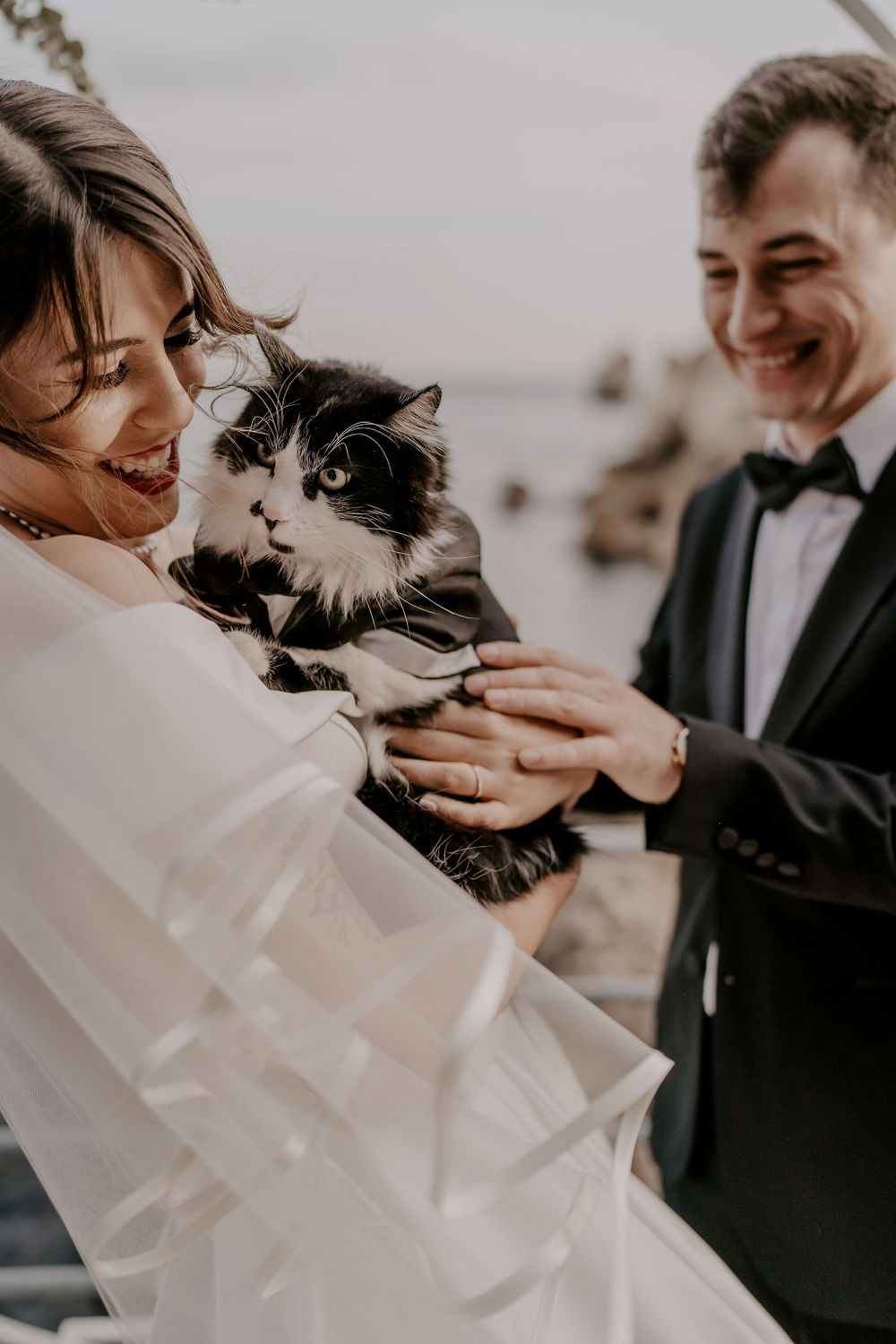 A happy couple in wedding attire holds their fluffy black and white cat during outdoor photos.
