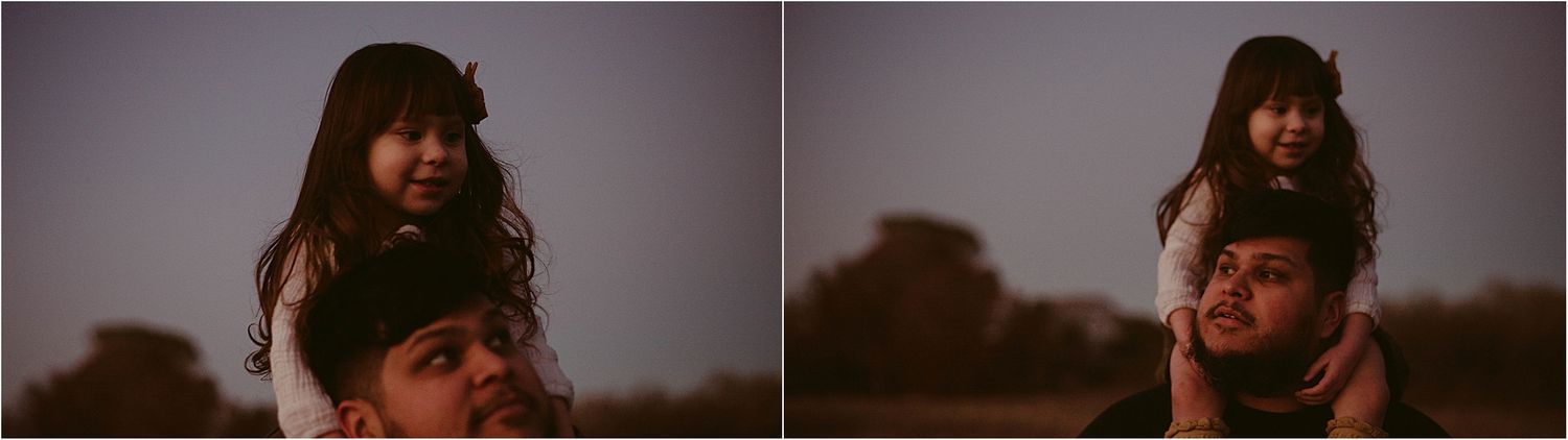 Playful sunset portraits showing intimate family moments in a natural setting.