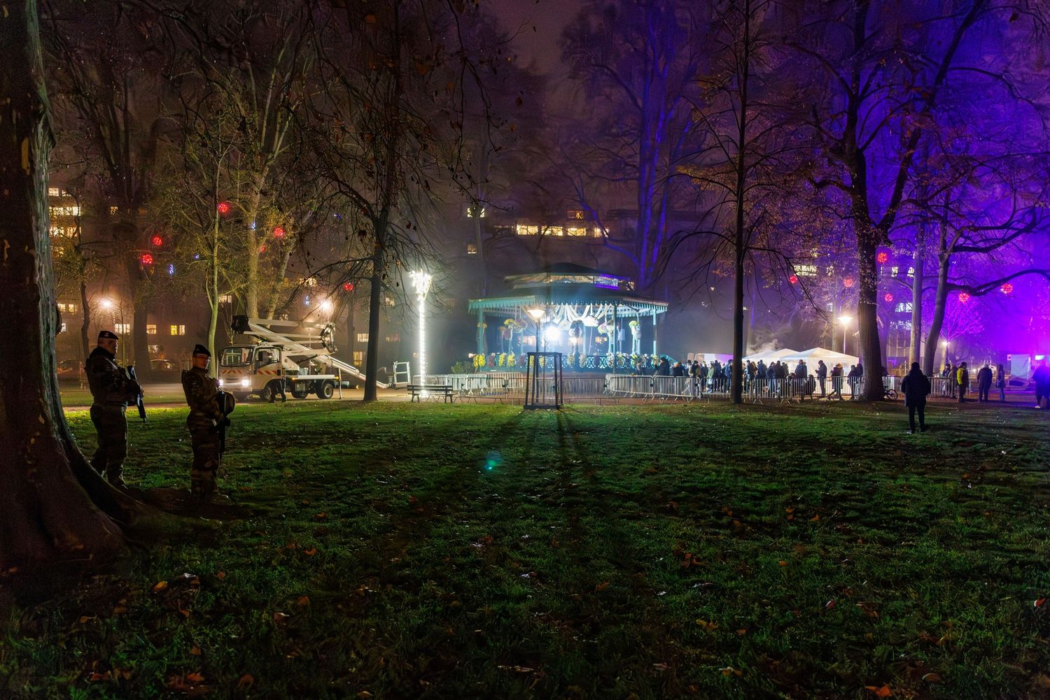 Night scene of illuminated park with purple lights and trees silhouetted against dark sky.