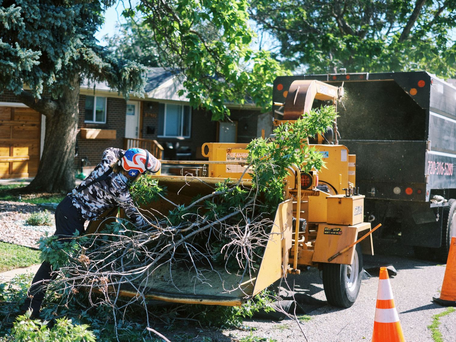 Tree service workers feeding branches into a wood chipper machine in a residential area.