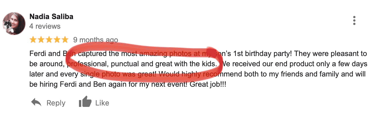 A customer review screenshot praising photography services with five star rating.
