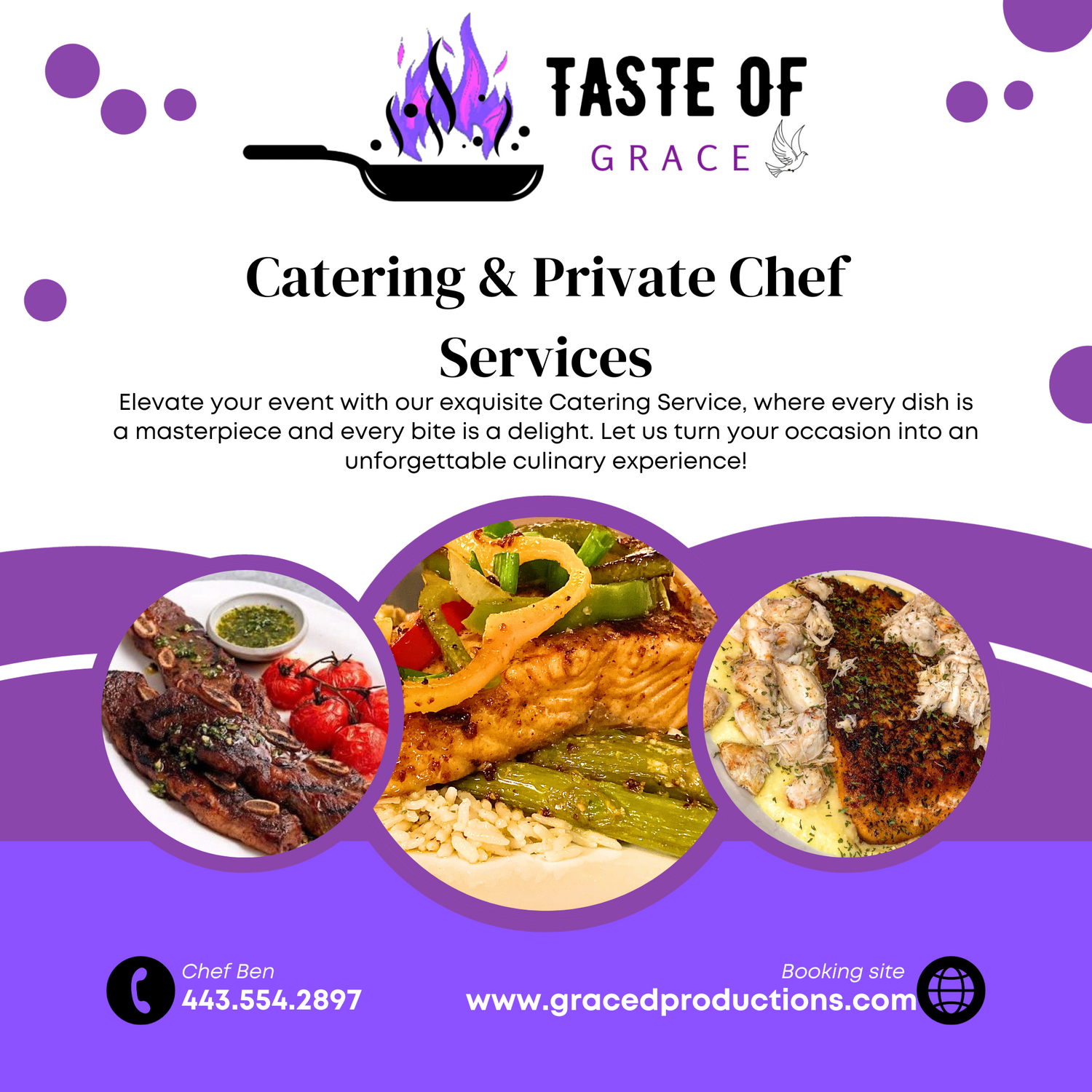 Catering service advertisement showing grilled meats and vegetables with purple design elements and contact information.