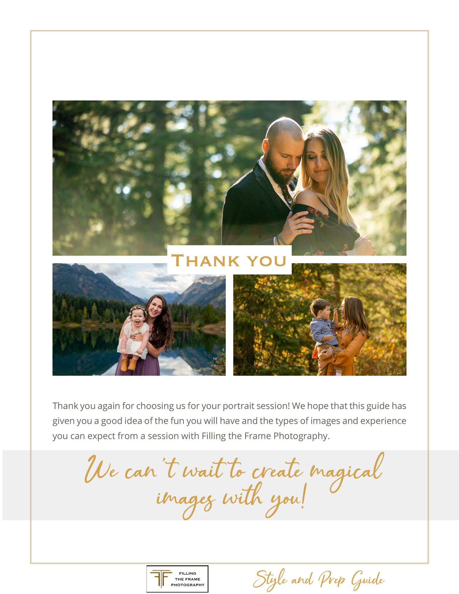 Photography session thank you page with golden sunset portrait collage.