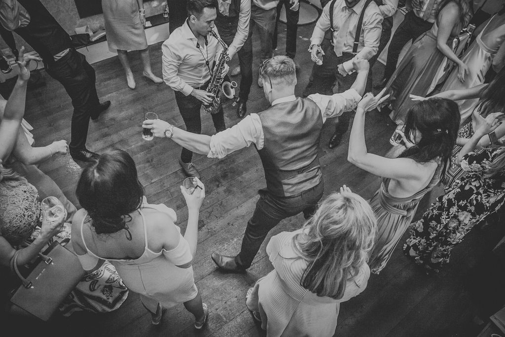 Black and white wedding dance floor shot