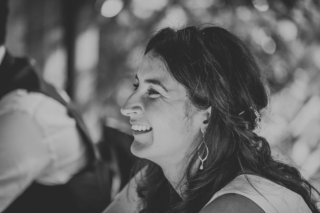 Black and white of bride smiling