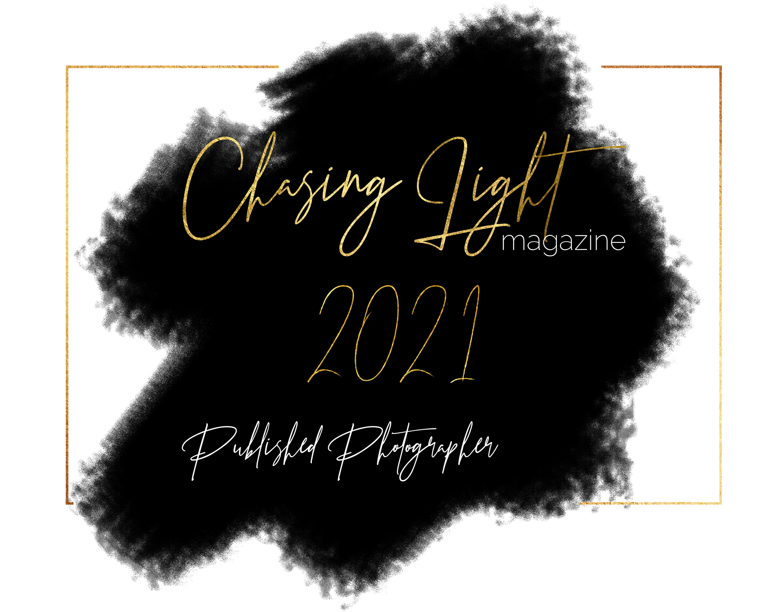 Chasing Light magazine 2021 text in gold lettering with geometric frame on dark background.