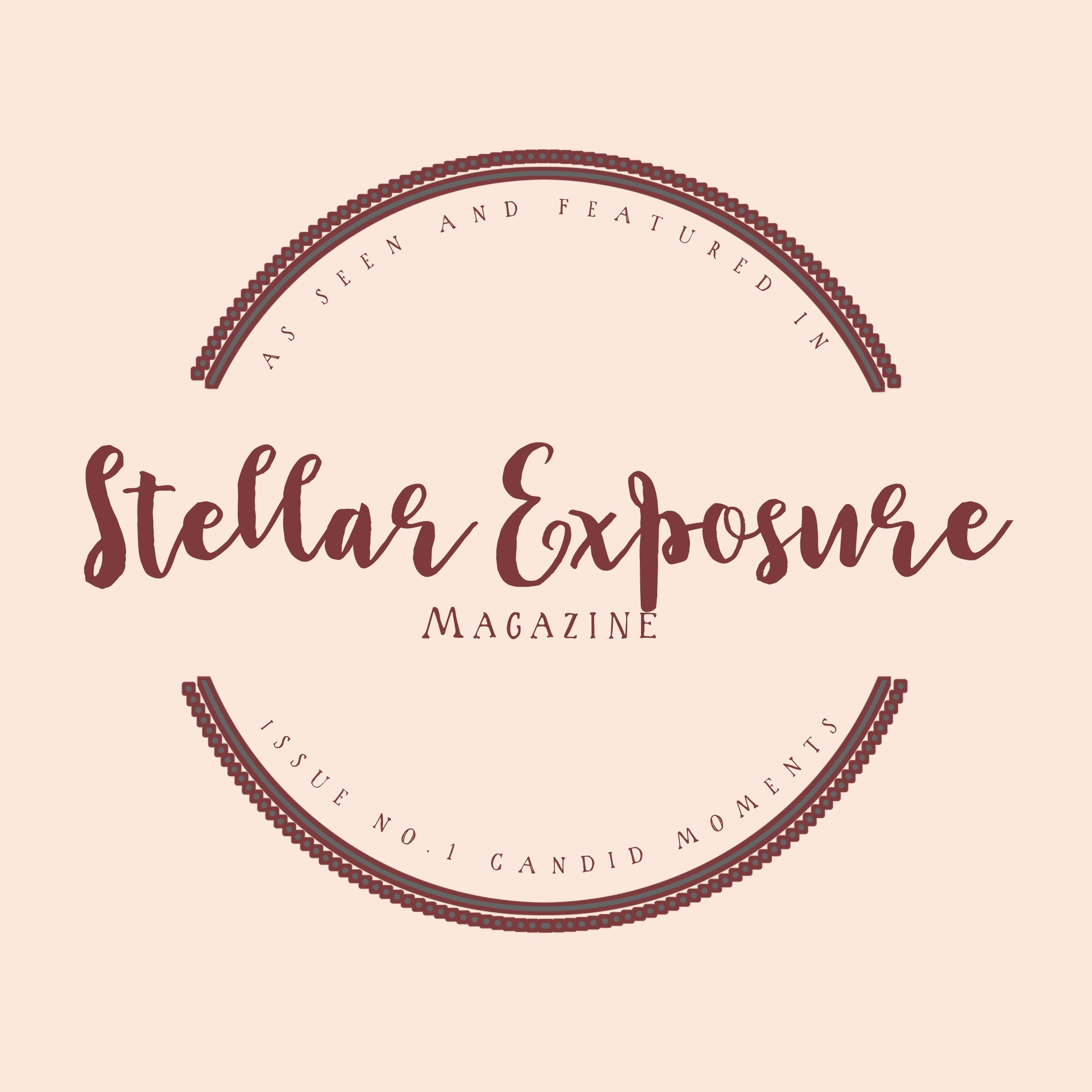 Stellar Exposure Magazine logo in burgundy script text on pale pink circular design.