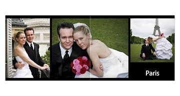Black panoramic wedding photo collage with Paris Eiffel Tower backdrop and couple portraits.