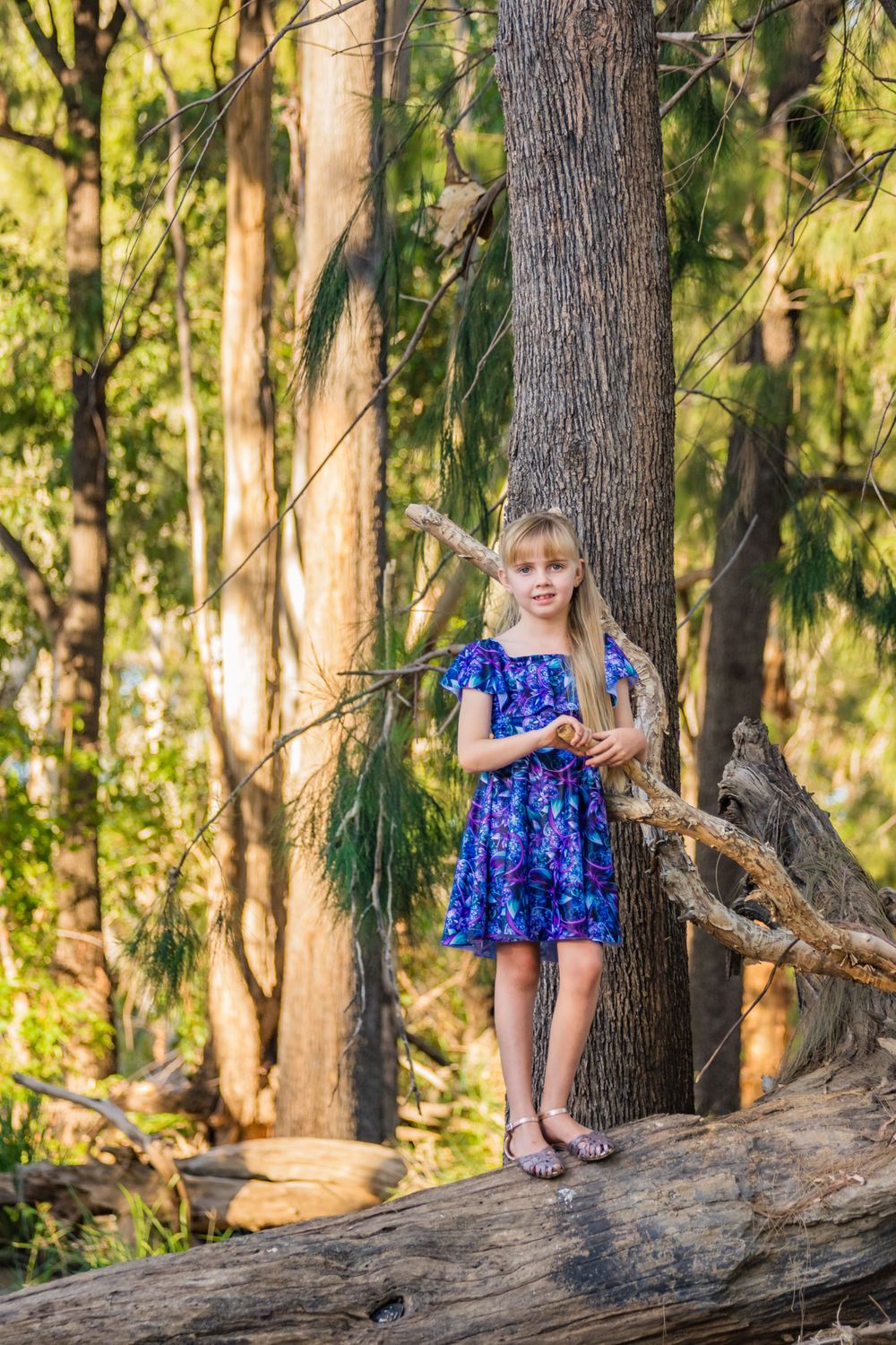 Children playing on a fallen log in a sunlit forest wearing coordinated blue outfits.