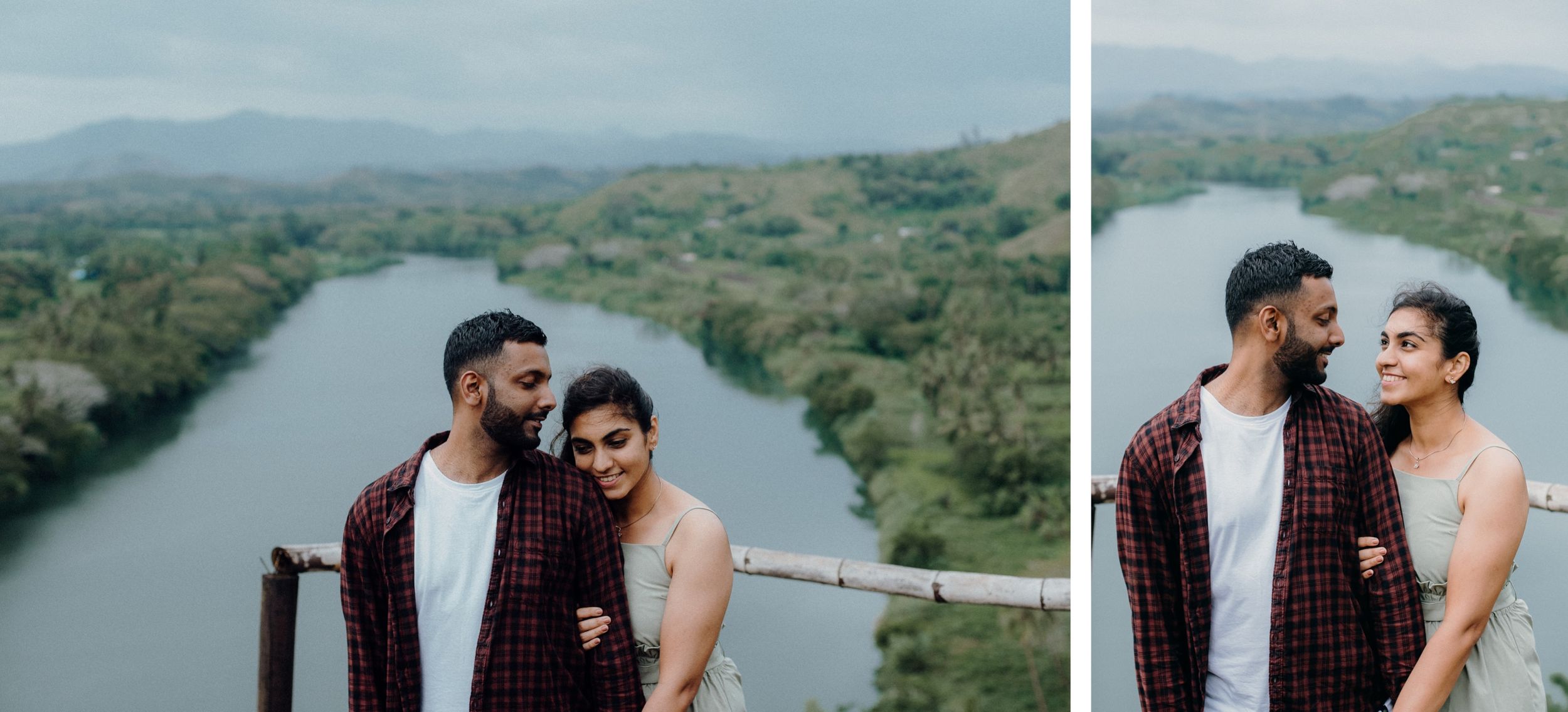 Two side-by-side photos showing tender moments at a scenic river overlook.