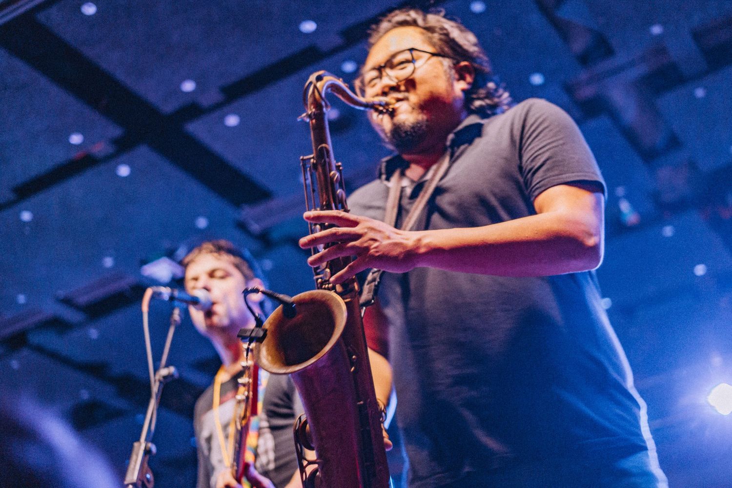 a saxophone player rocking out