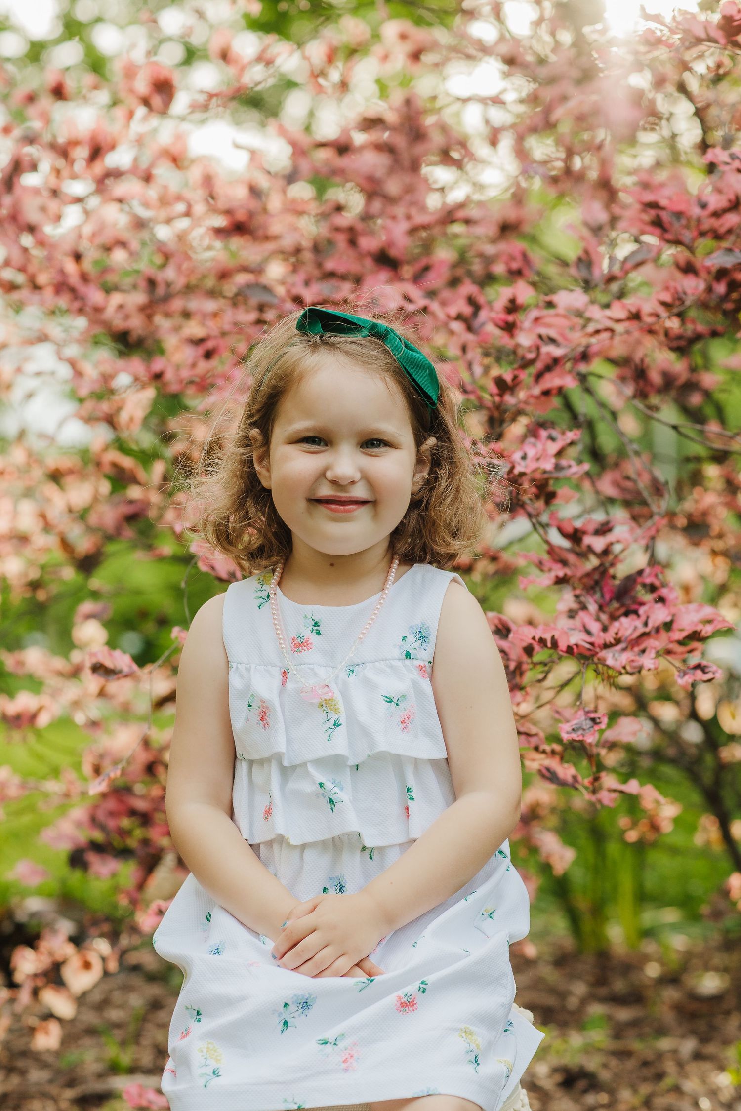 A springtime portrait with blooming pink cherry blossoms as a beautiful natural backdrop.