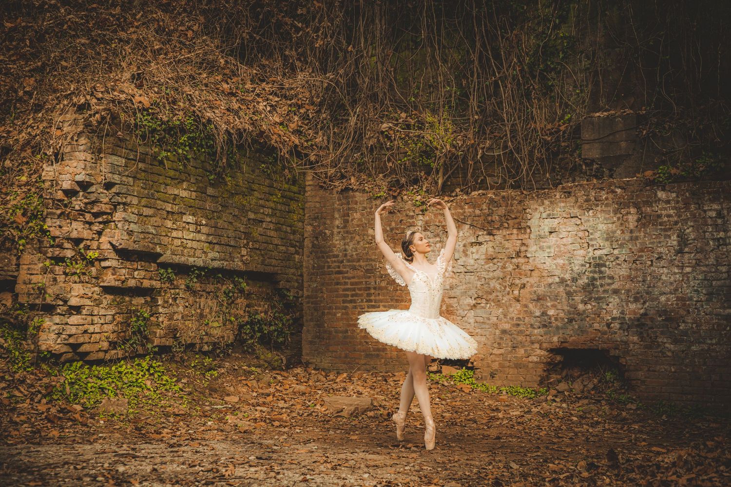 Ballerina in white tutu poses gracefully against rustic brick wall with artistic lighting.