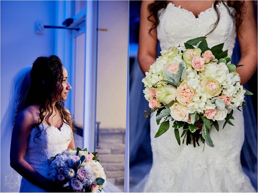 Close up of elegant bridal bouquet with pink roses and white hydrangeas.