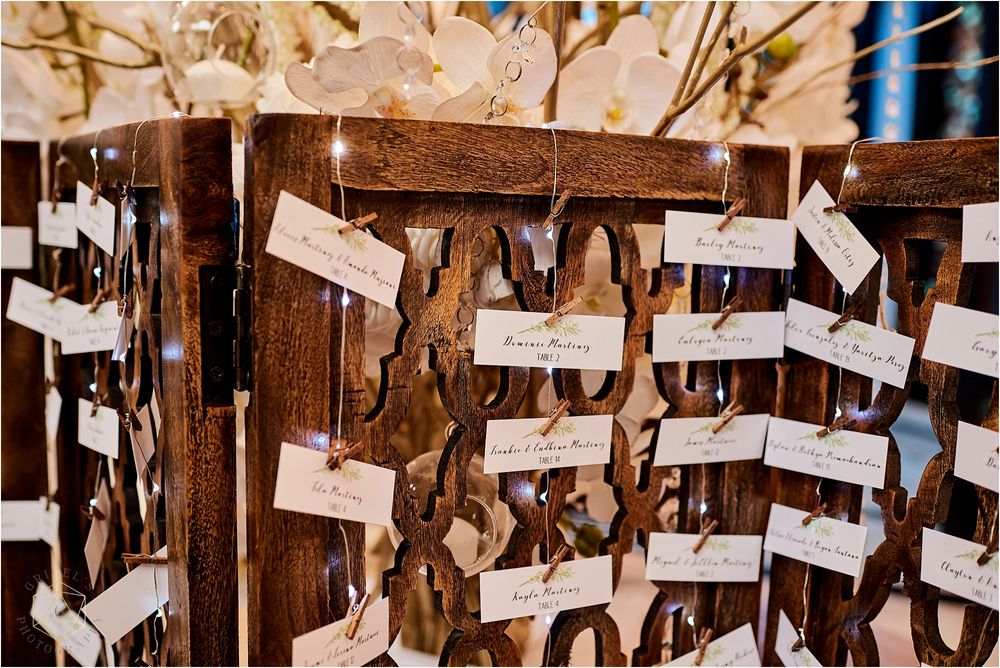 Wedding seating cards arranged on rustic wooden display with twine decorations.