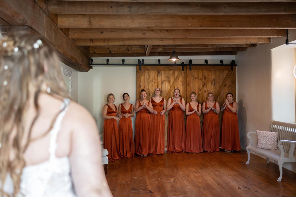 Bridesmaids in elegant rust-colored dresses stand in a line against a rustic wooden wall.