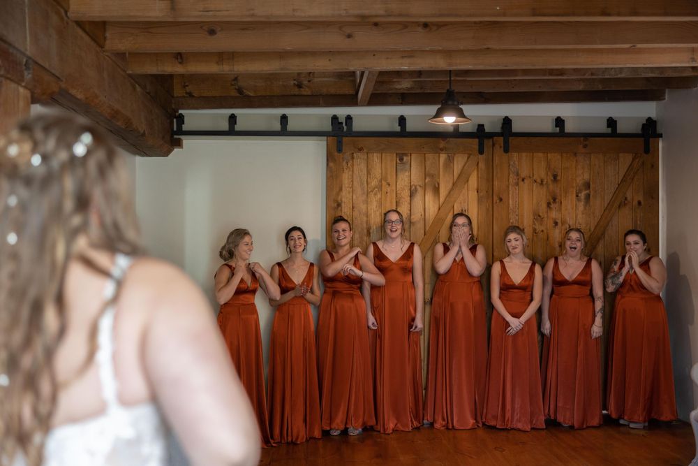 A row of bridesmaids in matching terracotta dresses react emotionally to seeing the bride.