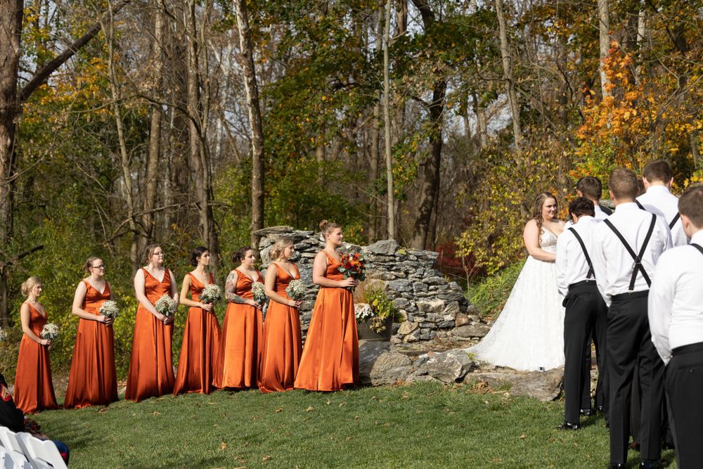 Wedding party with bridesmaids in burnt orange dresses and groomsmen in black by stone wall.