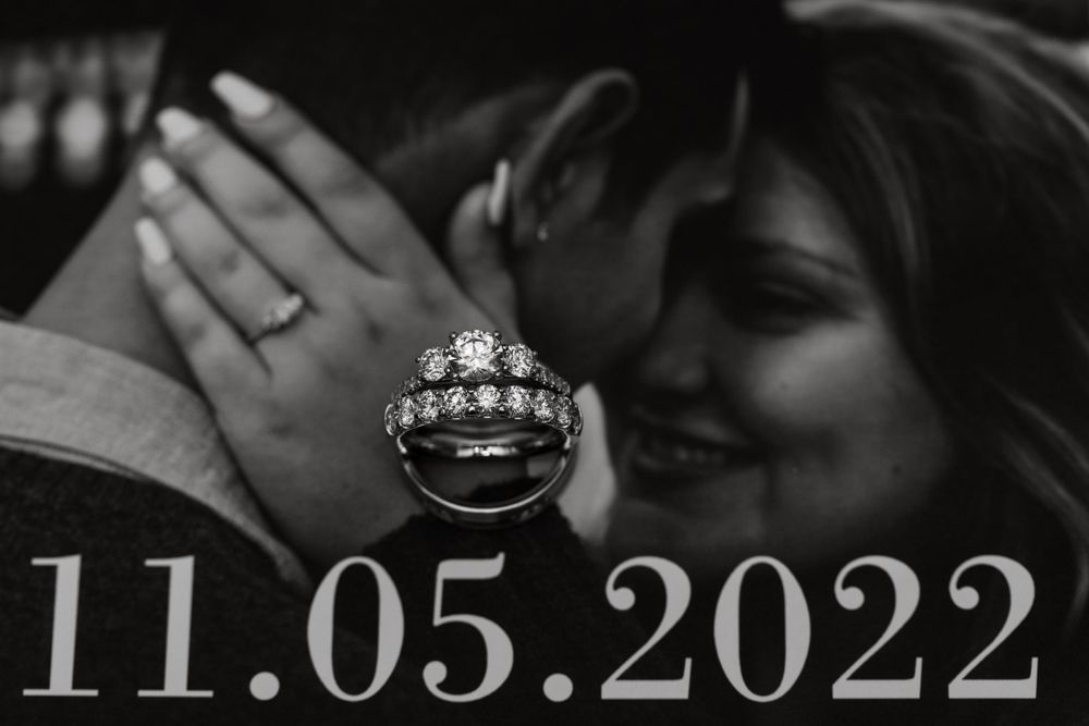Wedding rings artistically photographed with date 11.05.2022 below.