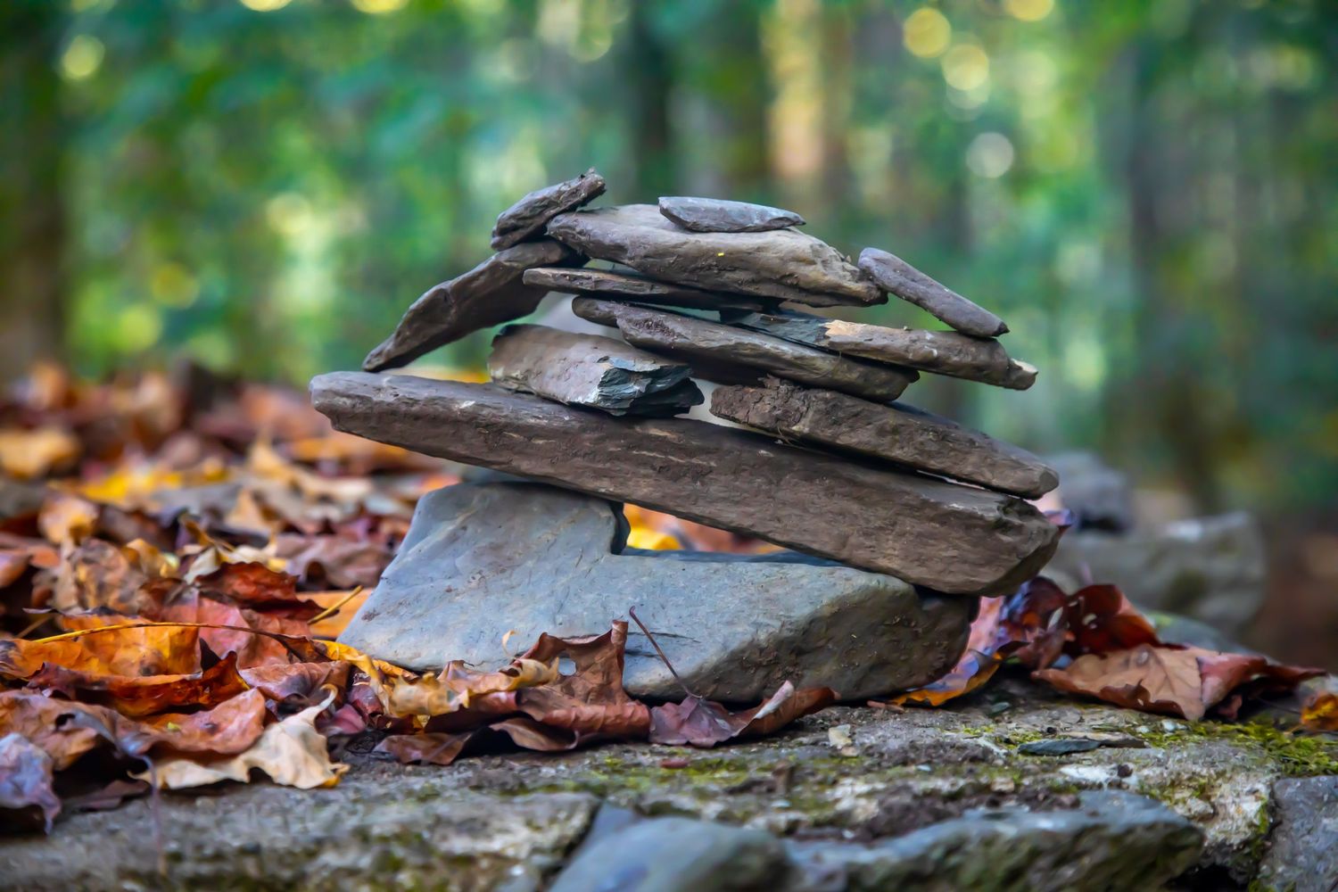 Stacked flat stones create a balanced cairn on forest floor covered with autumn leaves.