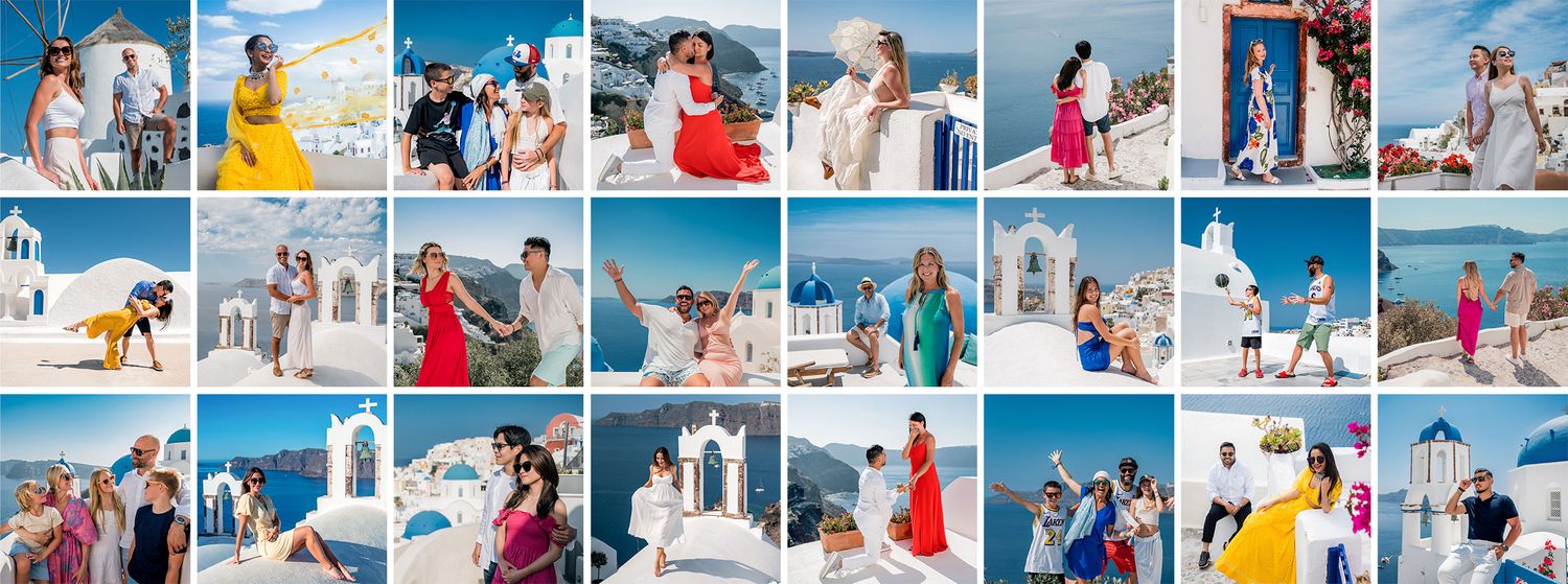 White and blue Santorini engagement photos collage showing destination wedding couple photo shoot sessions by the sea.