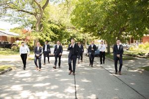 Wedding party walking together on a tree-lined path on a sunny day.