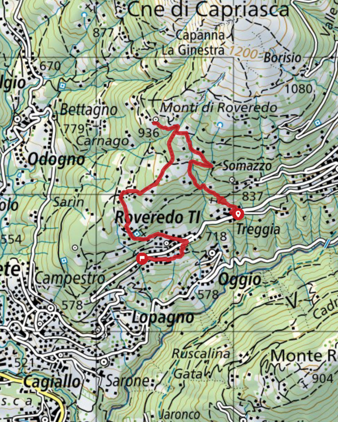 Topographical hiking map showing trails and elevation around Monte di Roveredo in Italy.