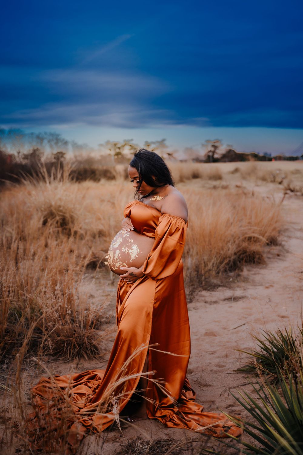 pregnant woman wearing rust gown with gold paint on her belly looking down on Midland Beach in Staten Island, NY
