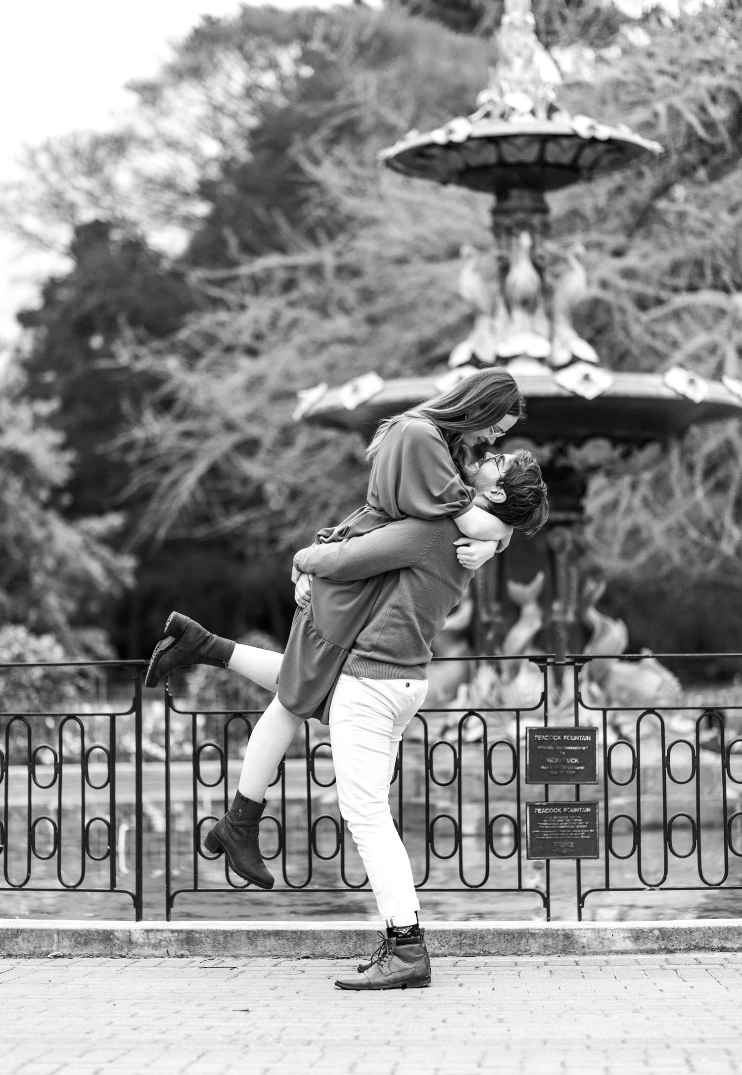 Couple Infront of Fountain in Christchurch, New Zealand's Botanic Gardens