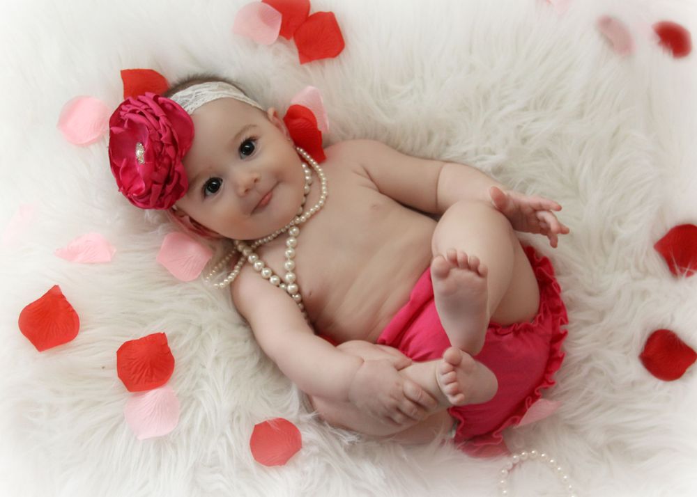 A Valentine's themed photo with rose petals scattered on white fur and pink accessories.