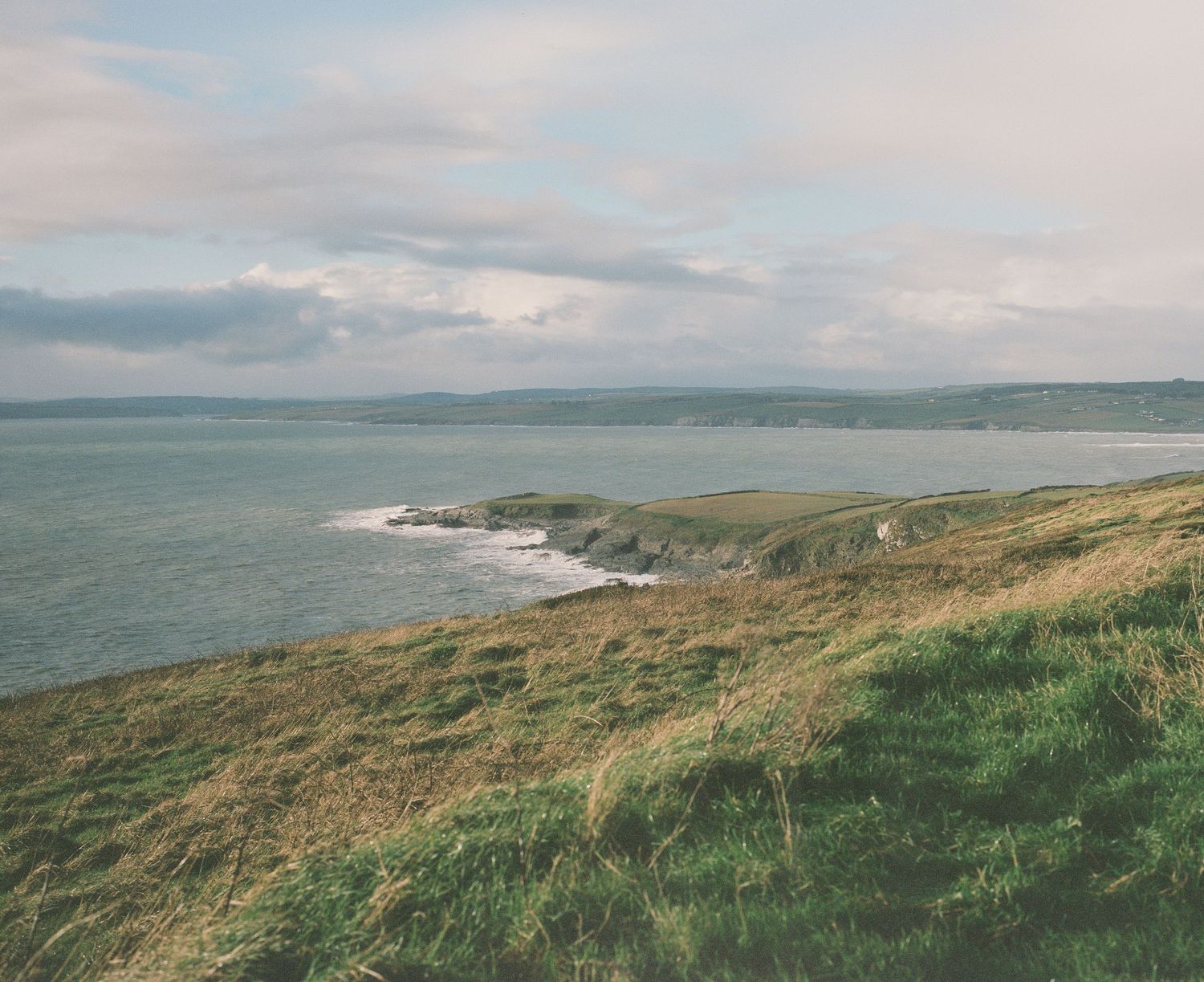 Rugged coastline with grassy cliffs overlooking a serene bay.