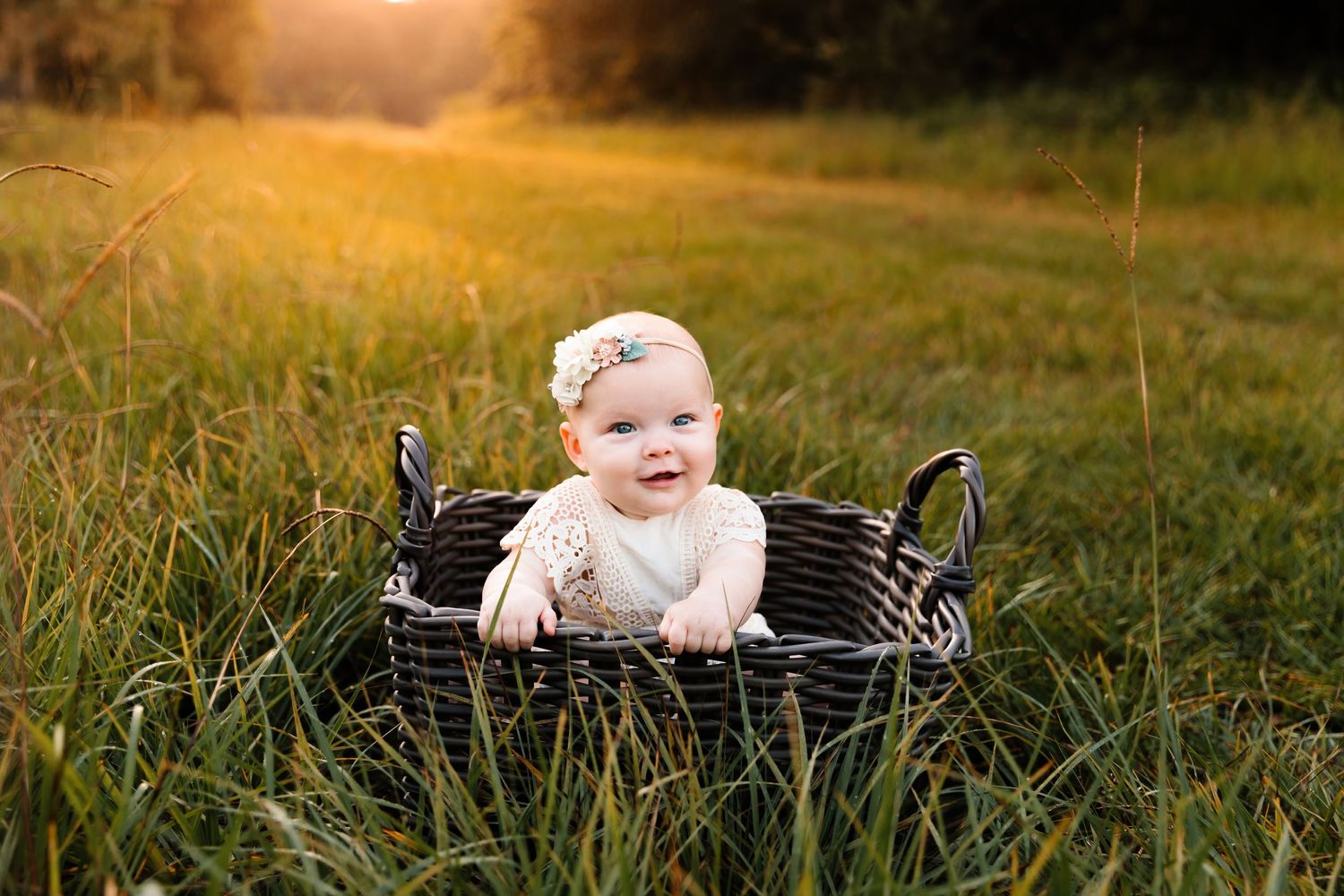 Adorable baby girl in white lace outfit sitting in rustic basket in sunlit green meadow field.