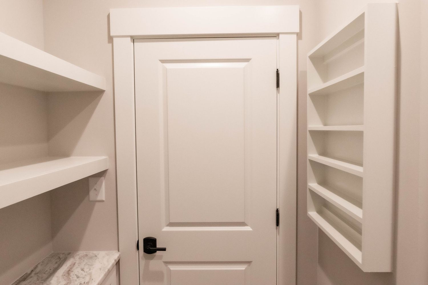White paneled door flanked by built-in shelving units in a small storage room.