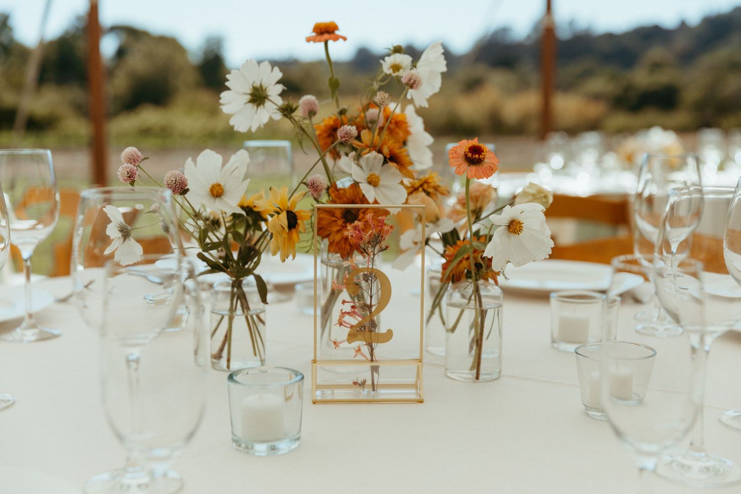 Wedding reception table set with delicate wildflower centerpieces in glass vases.
