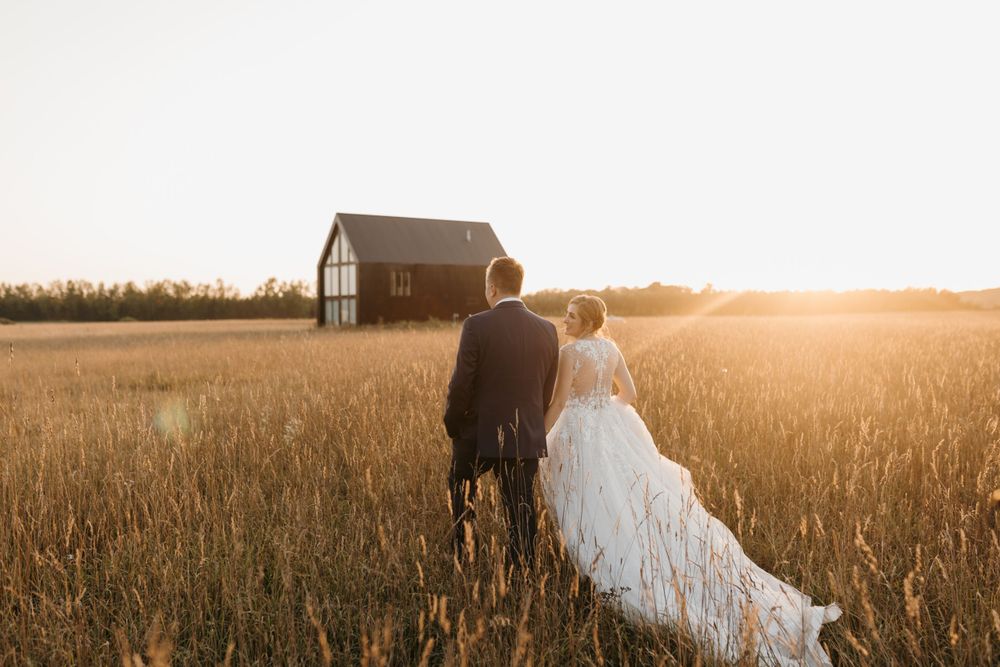 Bride and groom walking hand in hand through golden wheat field toward rustic barn at sunset.