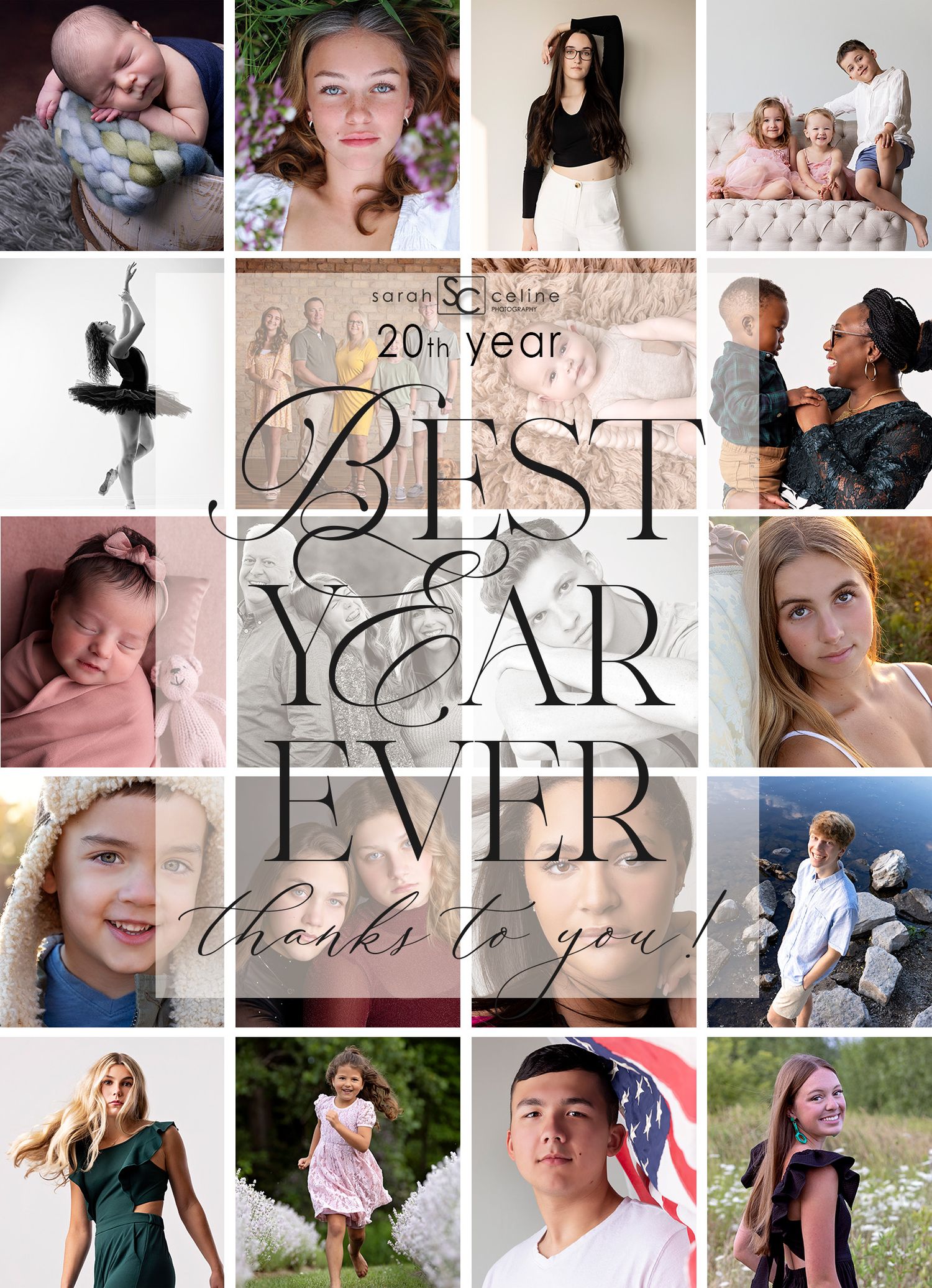 A photo collage showing various portrait and lifestyle images with text 'Best Year Ever' in elegant script.