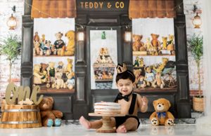 Teddy bear store display with plush toys and decorative items arranged in a charming retail setting.
