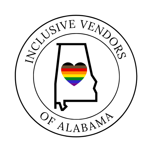 Pride and diversity symbols including rainbow heart and state outlines represent inclusivity in Alabama.