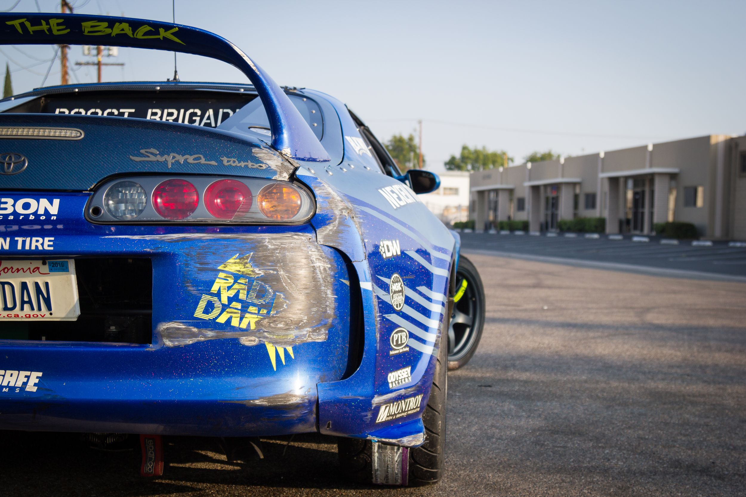 Rear of RAD Industries' Dan Burkett's blue Formula Drift Toyota Supra.