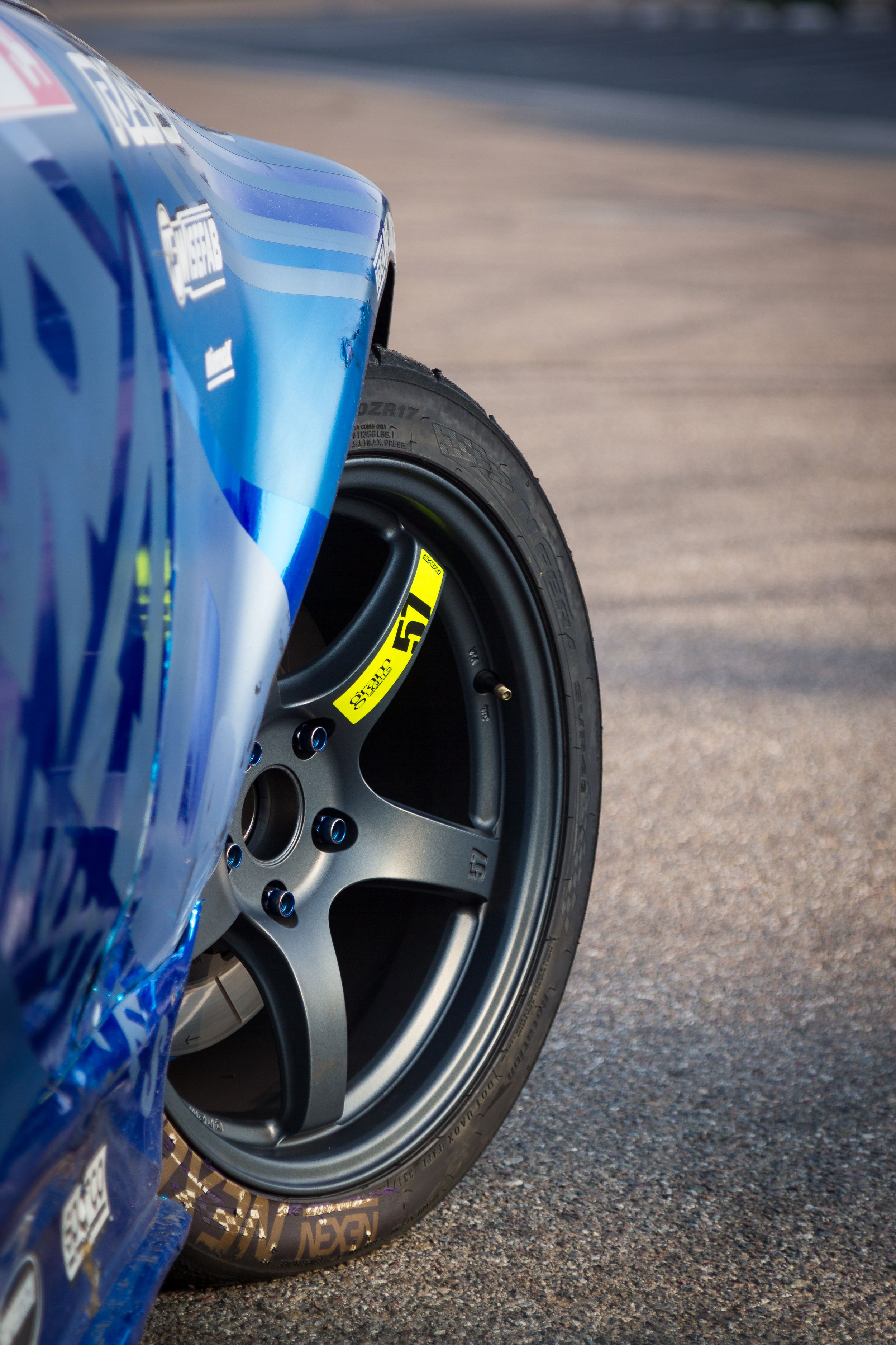 Closeup of Rays Gram Lights on Dan Burkett's blue Formula Drift Supra.